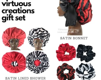 Gift Set-Satin Bonnet Single Layered With Ties-Satin Lined Shower Cap-Scrunchies Zebra Red Black White-Handmade Hair Accessory Animal Print