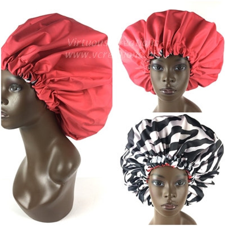 Large Satin Lined Waterproof Shower Cap, Jumbo, Xlg, Reversible, Red Zebra Black & White, Bath And Shower Hair Care Shower Bath Accessories image 3