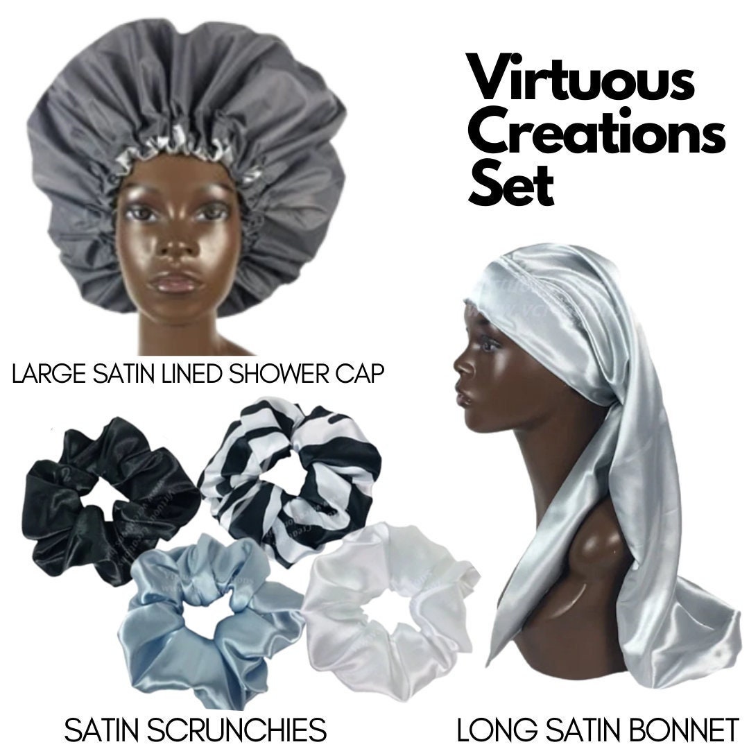 Set- Long Satin Bonnet, Satin Lined Shower Cap, Scrunchies, Silver