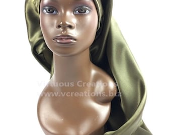 Extra Long Satin Bonnet With Adjustable Ties Olive Green Single Layer Handmade For Natural Long Hair Twists Dreadlocks Braids Extensions