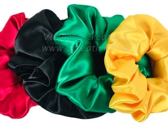 Satin Scrunchies, Handmade Satin Hair Scrunchy, Set Of 4 Extra Large Natural Hair Satin Hair Ties RBG Red Black Green Yellow RBGY Jamaica