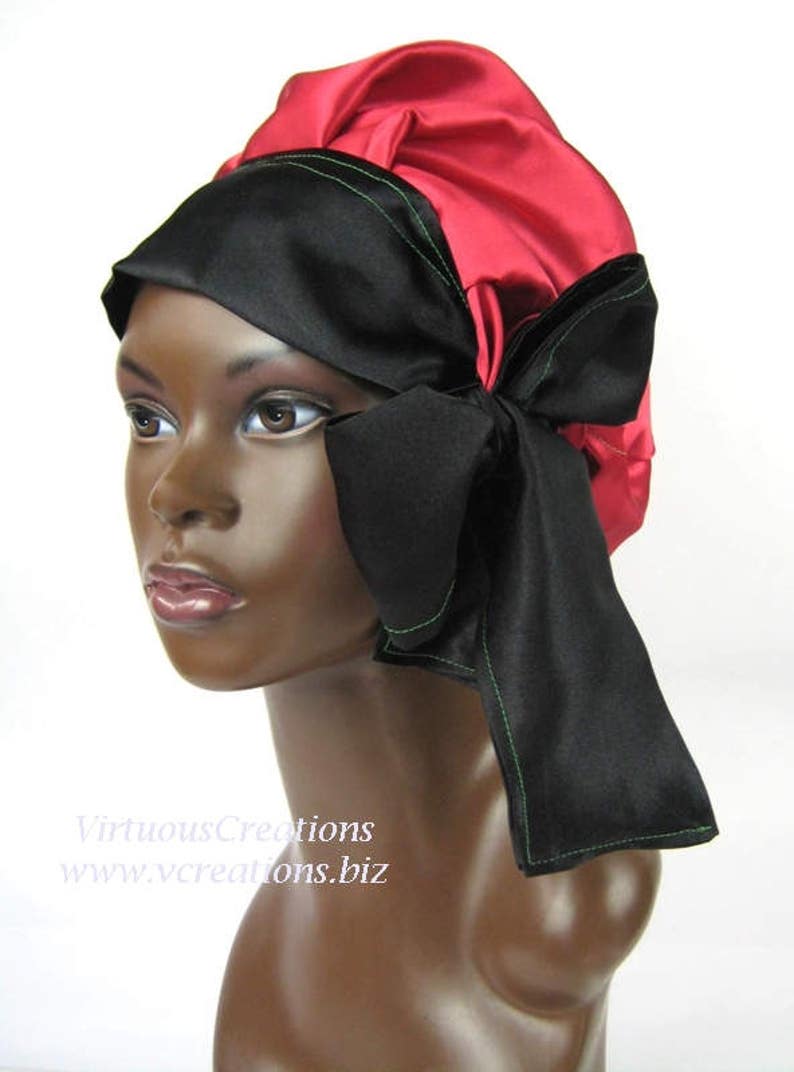 Satin Braid Locs Bonnet Sleep Cap, Single Layer, Red Black Green, RBG, Locs, Dreadlocks, Long Adjustable Ties, Handmade Hair Accessories image 2