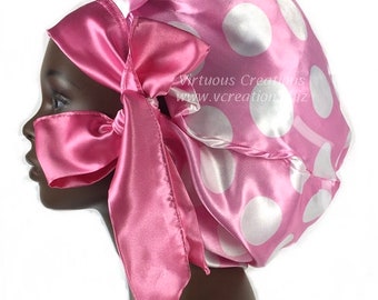Satin Braid locs Bonnet Sleep Cap, Single Layered, Scarf, Pink White Polka Dots, Long Adjustable Ties, Natural Hair Accessories, Dreadlocks