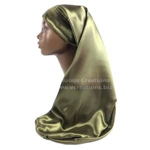 Extra Long Satin Bonnet With Adjustable Ties Olive Green Single Layer Handmade For Natural Long Hair Twists Dreadlocks Braids Extensions