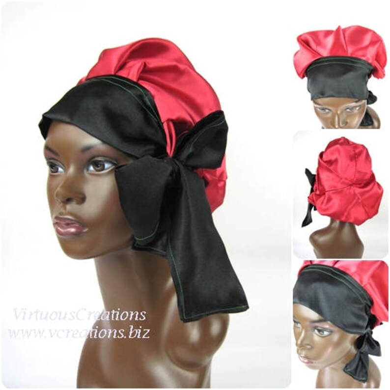 Satin Braid Locs Bonnet Sleep Cap, Single Layer, Red Black Green, RBG, Locs, Dreadlocks, Long Adjustable Ties, Handmade Hair Accessories image 3