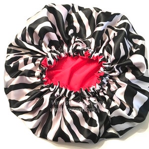 Large Satin Lined Waterproof Shower Cap, Jumbo, Xlg, Reversible, Red Zebra Black & White, Bath And Shower Hair Care Shower Bath Accessories image 2
