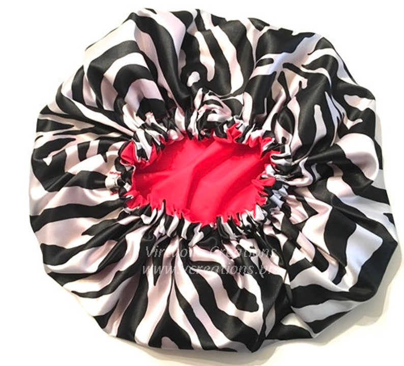 Large Satin Lined Waterproof Shower Cap, Jumbo, Xlg, Reversible, Red Zebra Black & White, Bath And Shower Hair Care Shower Bath Accessories image 2