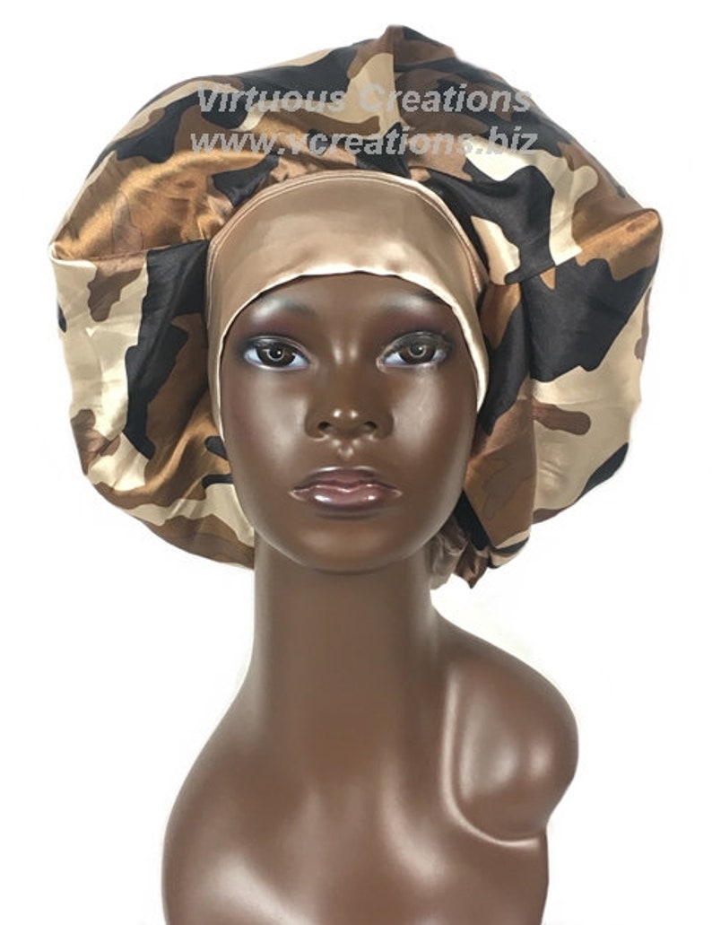 Camouflage Brown Black Satin Bonnet Sleep Cap Scarf Hat with Long Adjustable Ties Single Layer For Long Natural Hair Braids Dreadlocks Locs image 3