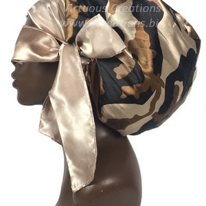 Camouflage Brown Black Satin Bonnet Sleep Cap Scarf Hat with Long Adjustable Ties Single Layer For Long Natural Hair Braids Dreadlocks Locs image 2