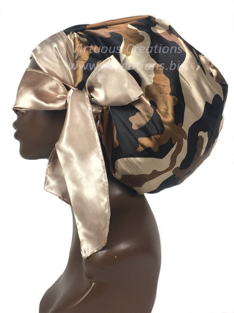 Camouflage Brown Black Satin Bonnet Sleep Cap Scarf Hat with Long Adjustable Ties Single Layer For Long Natural Hair Braids Dreadlocks Locs image 2