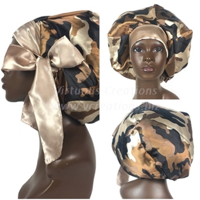 Camouflage Brown Black Satin Bonnet Sleep Cap Scarf Hat with Long Adjustable Ties Single Layer For Long Natural Hair Braids Dreadlocks Locs image 4
