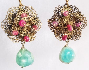 Blue Opal Vintage Rose Earrings