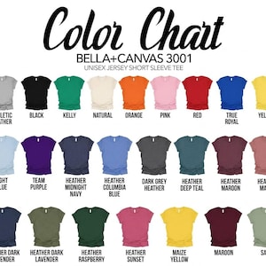K&ouml;nnte beinhalten: Eine Farbkarte f&uuml;r Bella+Canvas 3001 Unisex-T-Shirts mit kurzen &Auml;rmeln, die vierundzwanzig T-Shirt-Optionen in verschiedenen Uni- und Melangefarben zeigt, wobei jede unter der entsprechenden Abbildung mit ihrem Farbnamen beschriftet ist.