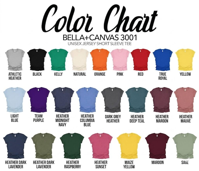 K&ouml;nnte beinhalten: Eine Farbkarte f&uuml;r Bella+Canvas 3001 Unisex-T-Shirts mit kurzen &Auml;rmeln, die vierundzwanzig T-Shirt-Optionen in verschiedenen Uni- und Melangefarben zeigt, wobei jede unter der entsprechenden Abbildung mit ihrem Farbnamen beschriftet ist.