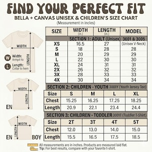 K&ouml;nnte beinhalten: Eine Bella + Canvas Gr&ouml;&szlig;entabelle f&uuml;r Unisex- und Kinder-T-Shirts. Die Tabelle zeigt Breiten- und L&auml;ngenma&szlig;e in Zoll f&uuml;r Erwachsenengr&ouml;&szlig;en XS bis 4X, Jugendgr&ouml;&szlig;en S bis XL und Kleinkindergr&ouml;&szlig;en 2T bis 5T, inklusive Messanleitungsdiagrammen.