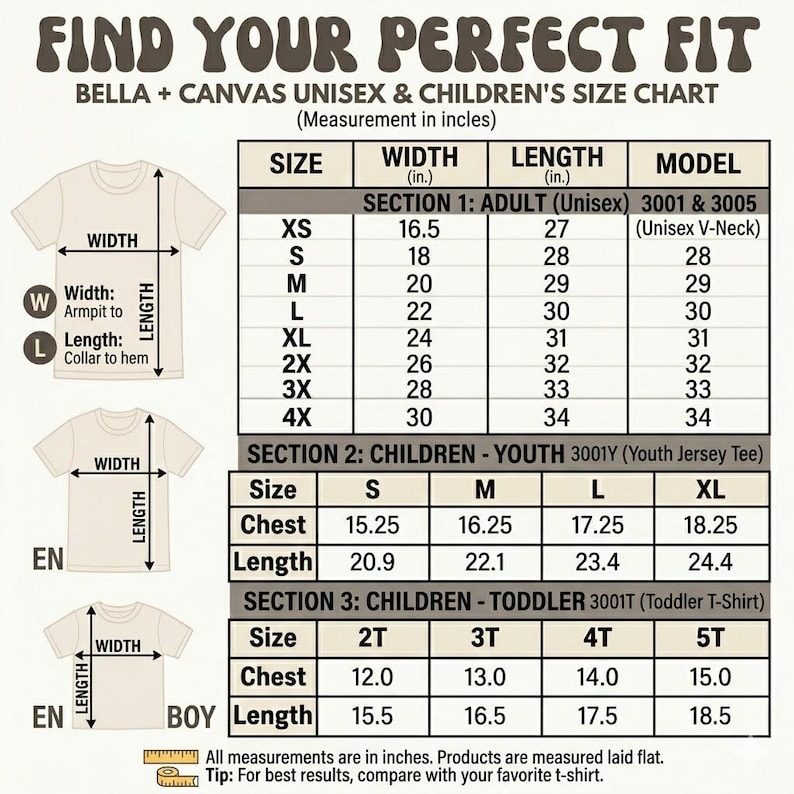 K&ouml;nnte beinhalten: Eine Bella + Canvas Gr&ouml;&szlig;entabelle f&uuml;r Unisex- und Kinder-T-Shirts. Die Tabelle zeigt Breiten- und L&auml;ngenma&szlig;e in Zoll f&uuml;r Erwachsenengr&ouml;&szlig;en XS bis 4X, Jugendgr&ouml;&szlig;en S bis XL und Kleinkindergr&ouml;&szlig;en 2T bis 5T, inklusive Messanleitungsdiagrammen.