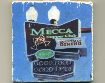 Chicago Coaster, Mecca Supper Club in Edison Park, Original Handmade Coaster, Unique Chicago Gift, Chicago Neighborhood