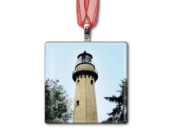 Grosse Point Light in Evanston - Handmade Glass Photo Ornament