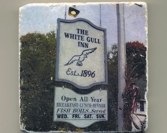 White Gull Inn -  Door County Coaster, Original Handmade Coaster, Unique Wisconsin Gift