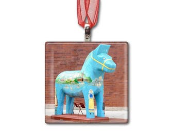 Dala Horse in Andersonville - Handmade Glass Photo Ornament