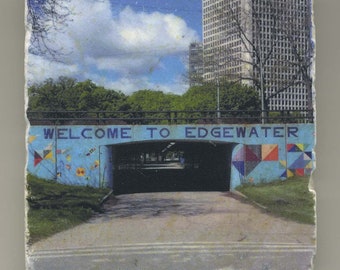 Chicago Coaster, Edgewater Lakefront Mural, Original Handmade Coaster, Unique Chicago Gift, Chicago Edgewater Neighborhood