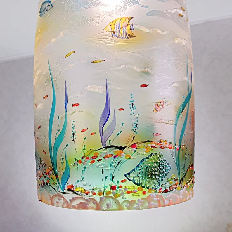 Pendant Light Fixture to Beach House Stained Glass Hand Painted Sea ...
