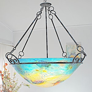 Chandelier on a forged metal frame Tropical theme Large handmade lamp Stained glass painting
