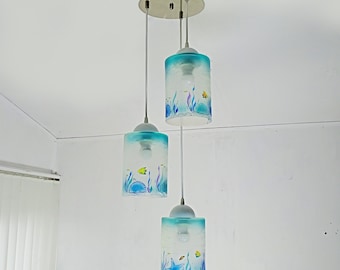 Handmade Art Glass Chandelier, Dining Room Light with Sea Glass Design