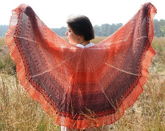 Circular shawl knitting pattern, garter stitch textured shawl knit tutorial, knitted orange wrap pattern, neckwarmer pattern for knitters