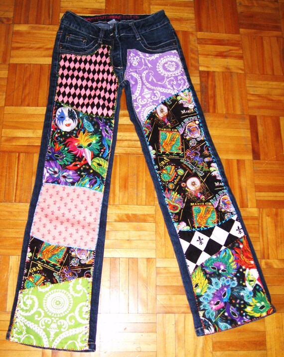 Items similar to Hand-Beaded Jeans Mardi Gras Jeans Girls Upcyled ...