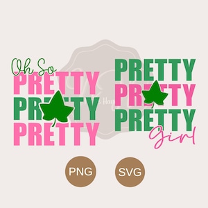 Puede incluir: Diseño de texto superpuesto en rosa y verde con las palabras "Oh So Pretty Pretty Pretty" y "Pretty Pretty Girl". Un trébol de cuatro hojas verde se encuentra en el medio del diseño.