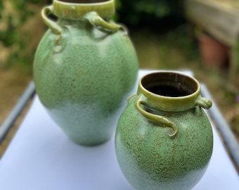 Stunning pair of CH Brannam of Barnstaple Art Nouveau vases in mottled green.