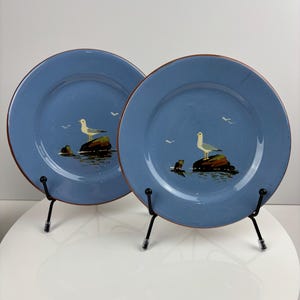 May include: Two blue ceramic plates with a brown rim, each featuring a hand-painted design of a white seagull standing on a rock in the water with other seagulls flying overhead.