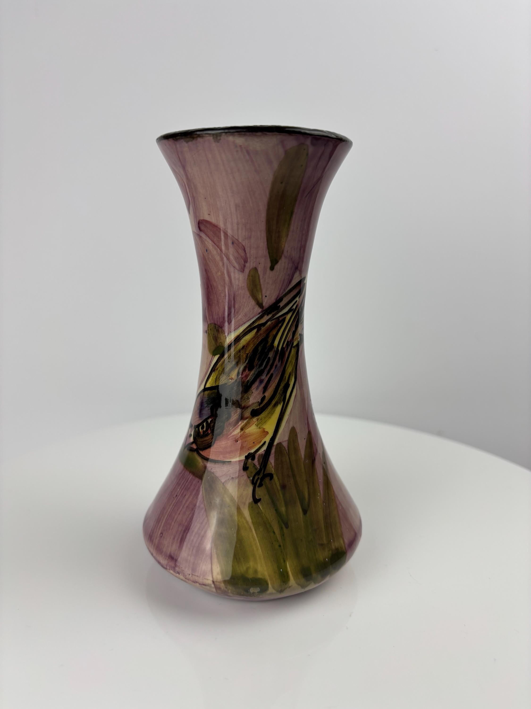 アンティーク レモン＆クルート陶器花瓶、手描きフィンチ、アールデコ