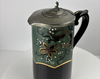 アンティーク ジャックフィールド 黒釉陶器 水差し：ピューター蓋付き