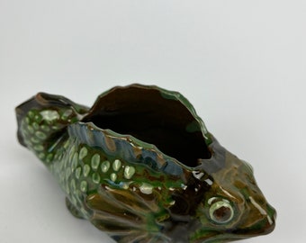 CH Brannam of Barnstaple antique bowl or salt cellar in the form of a fish. Dated in the 1890s and signed by Frank Thomas
