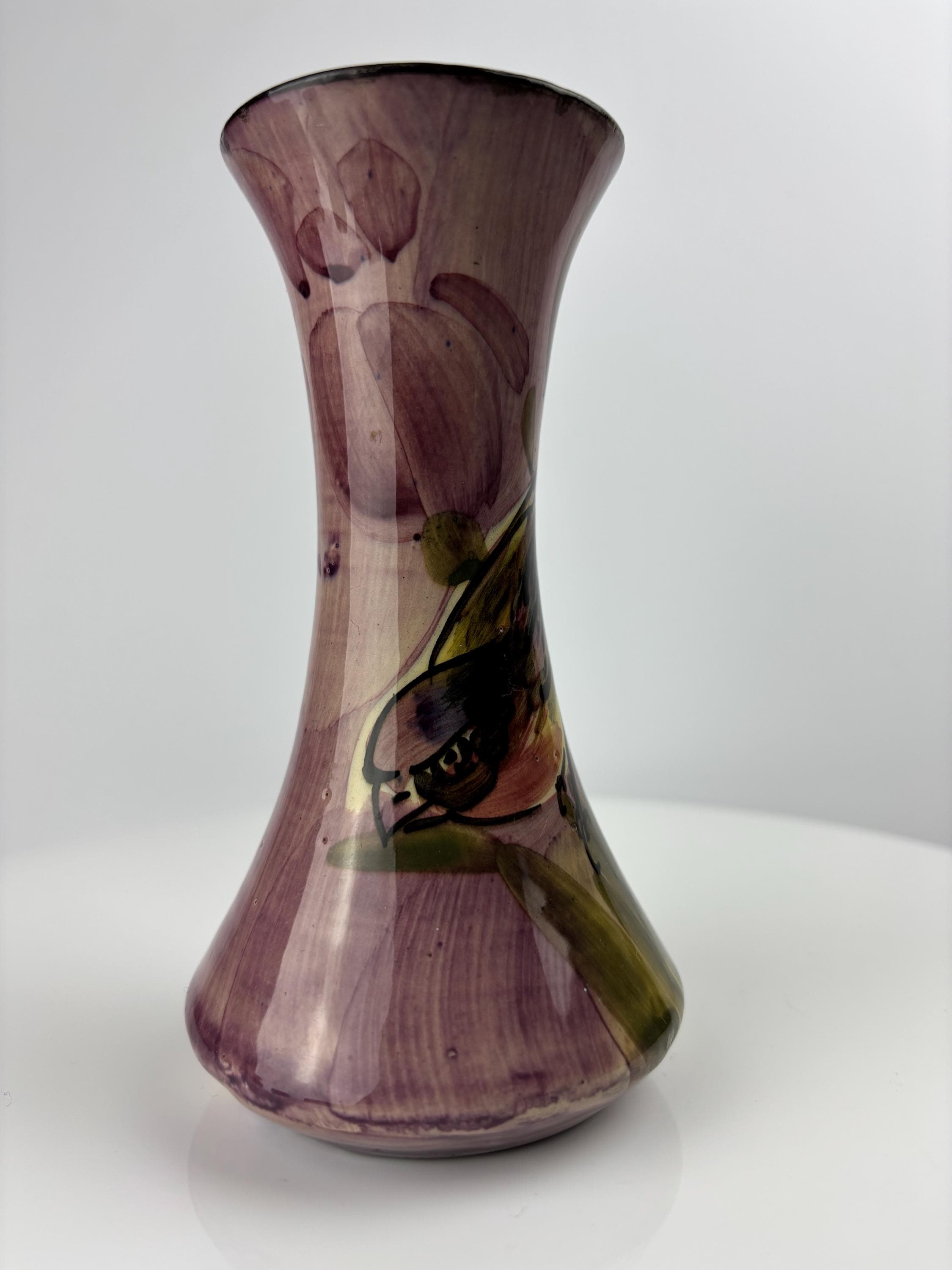 アンティーク レモン＆クルート陶器花瓶、手描きフィンチ、アールデコ