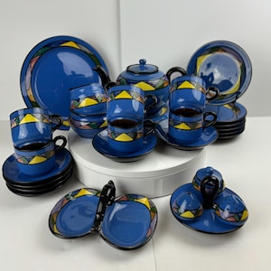 Op de afbeelding: Een blauwe en gele theeset met een theepot, kopjes, schoteltjes en een suiker- en roomset. De set is gemaakt van keramiek en heeft een geometrisch ontwerp.