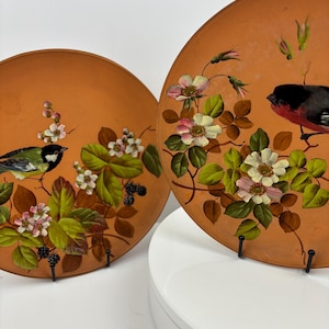 May include: Two round, orange-colored decorative plates. Each plate features a hand-painted design of a bird perched on a branch with flowers, leaves, and berries. The birds have black, red, and green feathers. The plates are displayed on a white surface.