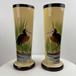 Ett par handmålade vaser i Bristol Glass, 20 cm höga, föreställande vattenfåglar.