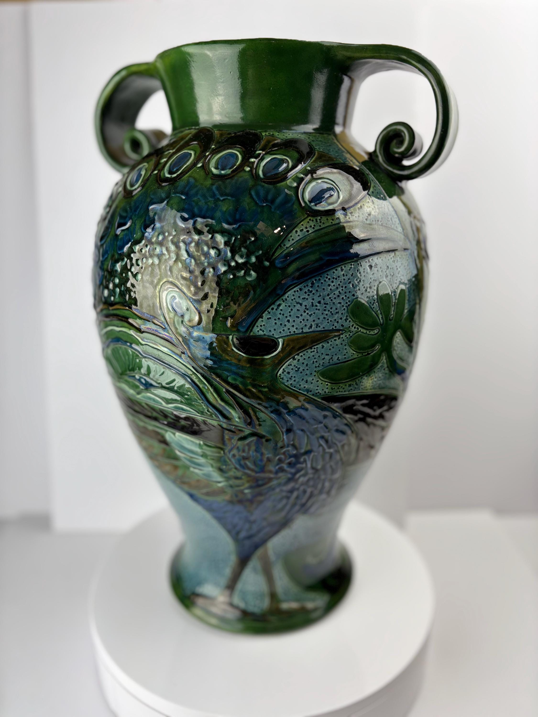 Antique CH Brannam Art Pottery Vase, James Dewdney Peacock Design