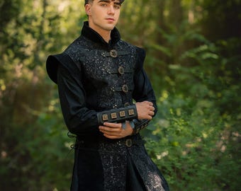 Yalon Deluxe Leather Jerkin – Black Suede and Engraved Floral Leather | Medieval Vest, LARP, US Duty Free!!*,Fantasy and Renaissance Costume