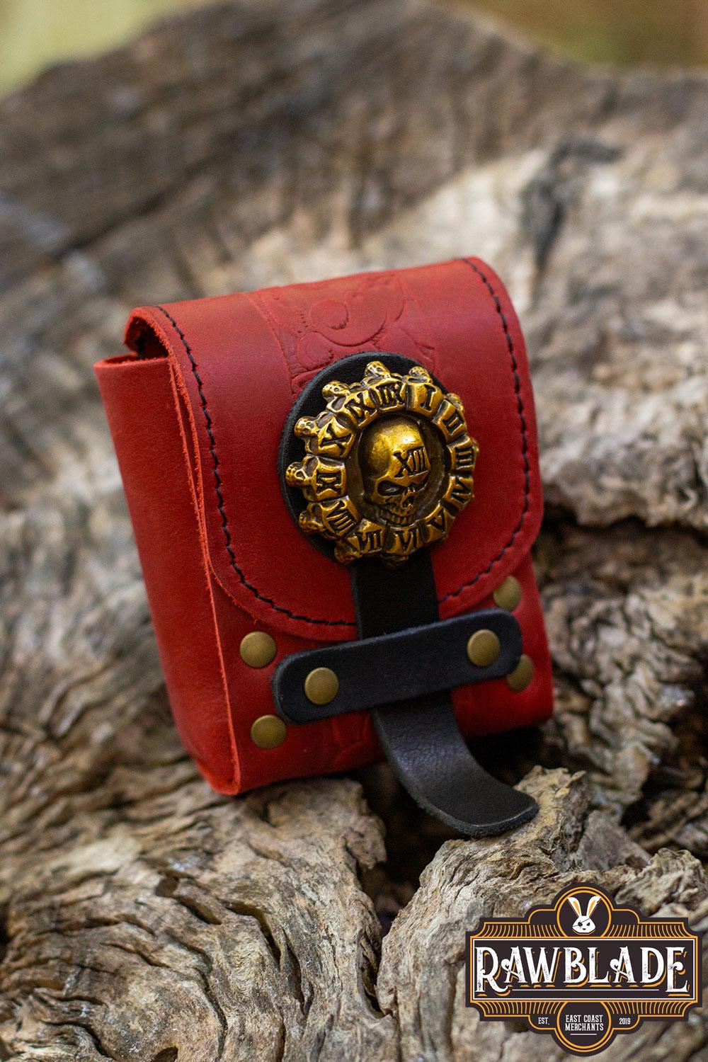 Deathclock Skull Red Leather Pouch for fantasy medieval LARP, cosplay, ren faire