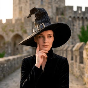 May include: A black witch hat with a wide brim and a decorative buckle. The hat has a pointed crown with a floral pattern. The person is wearing a black velvet jacket. The background is a stone wall.