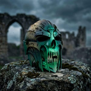 May include: A skull-shaped helmet featuring a gradient of metallic green and dark bronze tones. The surface is etched with intricate runic symbols and displays a weathered texture with small patches of moss integrated into the design.