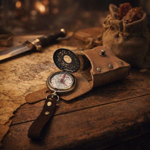 May include: A vintage brass compass with a decorative lid, open to reveal the directional dial. The compass is in a brown leather case with a matching strap. A map, knife, and burlap sack are in the background, suggesting a theme of exploration.