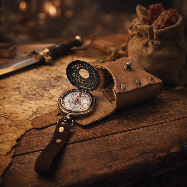 May include: A vintage brass compass with a decorative lid, open to reveal the directional dial. The compass is in a brown leather case with a matching strap. A map, knife, and burlap sack are in the background, suggesting a theme of exploration.