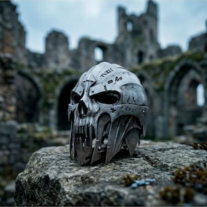 Op de afbeelding: Een metallic zilveren schedelvormige helm met gekartelde, tandachtige randen langs de kaaklijn, diepe oogkassen en gegraveerde runensymbolen op het voorhoofd en de zijkanten. Het oppervlak heeft een verweerde afwerking met zichtbare klinknagels.