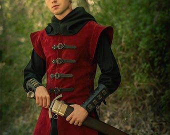 Jules Red Leather Jerkin: Long Medieval LARP Vest, US Duty Free!!*, Renaissance Reenactment