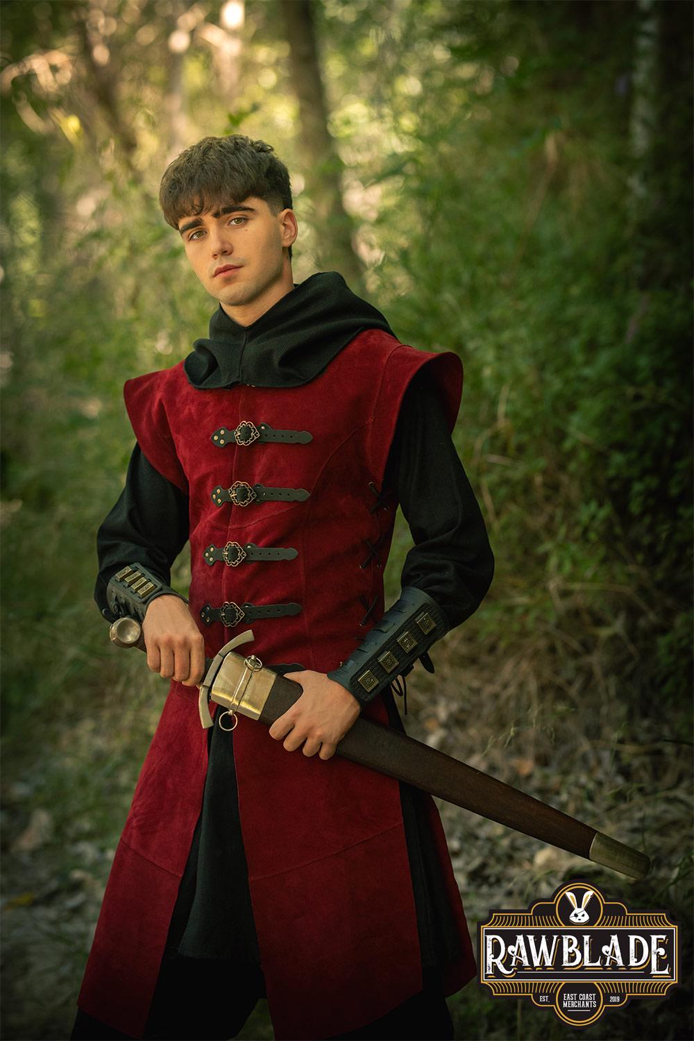 Jules Red Leather Jerkin: Long Medieval LARP Vest, Renaissance Reenactment